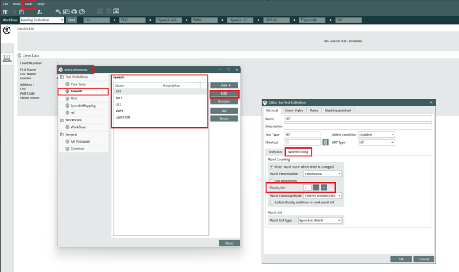 Tools > Test Definitions > Speech, SRT selected, Edit, then the Word scoring tab with the Pause, sec field highlighted